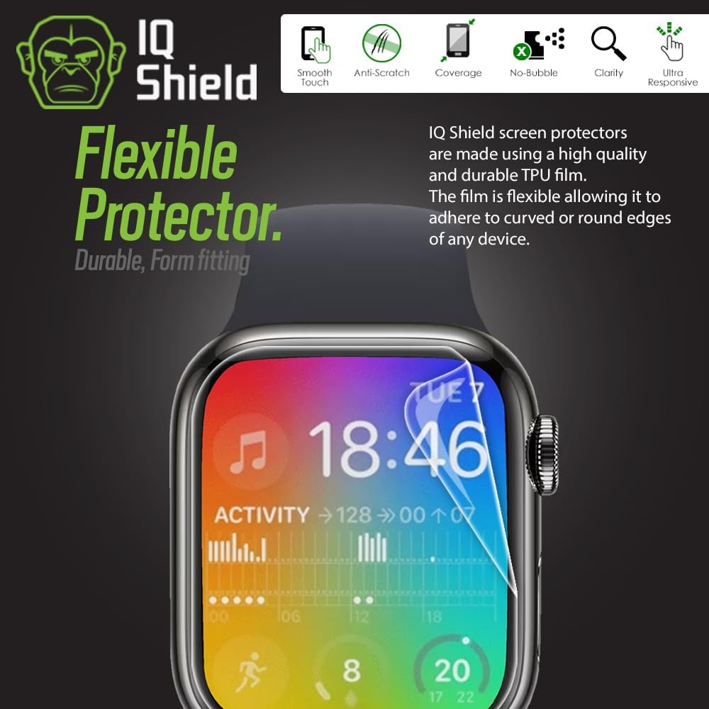 IQShield Lot de 6 films protecteurs d'écran en TPU transparent anti-bulles pour Apple Watch Series 9/8/7 (45 mm)
