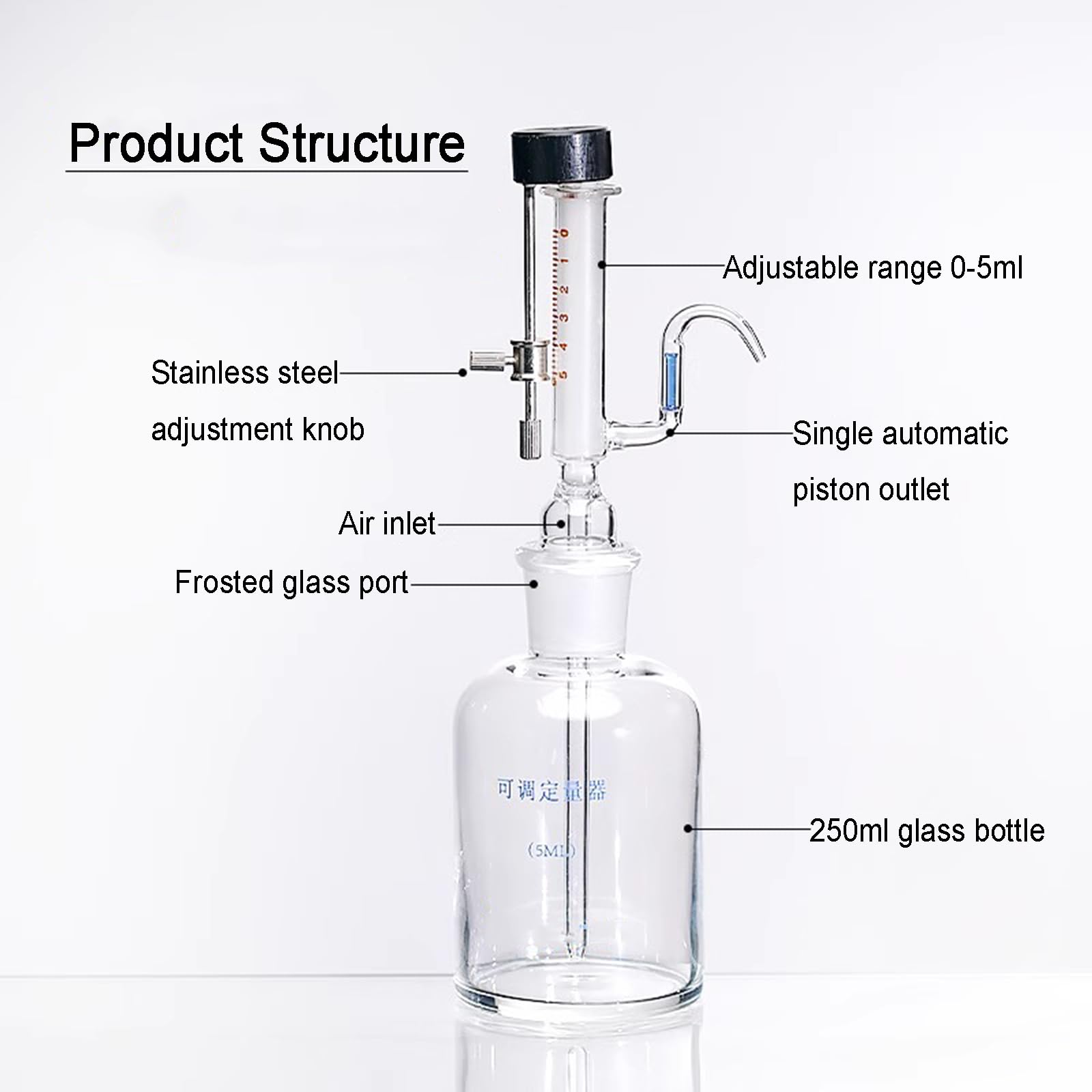 Dispositivo dosificador de líquido, pipeta de vidrio micro ajustable de 1/5 ml con perilla de ajuste de acero inoxidable para mediciones precisas de laboratorio