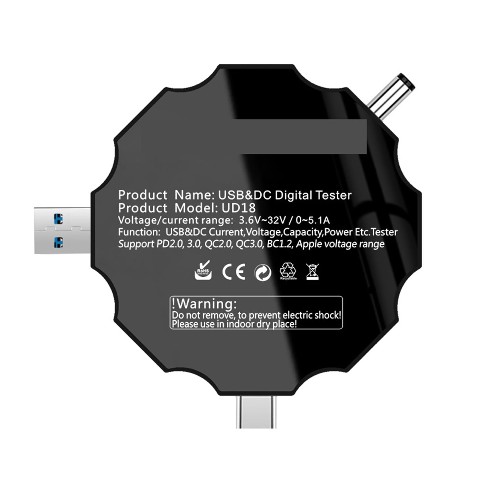 Testeur USB, Testeur USB voltmètre numérique cc, ampèremètre de tension, ampèremètre USB3.0, détecteur 18 en 1, chargeur de batterie externe + pince Crocodile cc(Add LOAD)