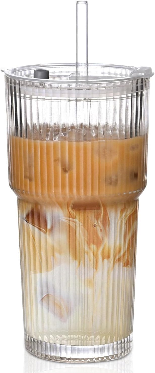KiKiluxxa Glass Tumbler with Straw and Lid 1 pcs -600ml -for Fruit Juice Milk,Water,Drinks,Lemon Soda, Beer Drinking Glasses, Iced Tea and Coffee - (StazayaX P-1)