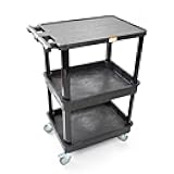 Pearington 3-Shelf Multipurpose Mobile Utility Cart with 2 Bins and Lockable Wheels, Heavy-Duty Plastic Rolling Presentation Cart for Offices and Warehouses, Black
