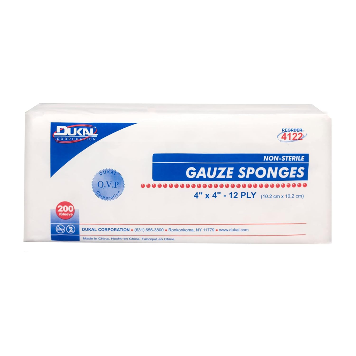 Dukal 4122 Gauze Sponge, 12-Ply, Non-Sterile, 4" x 4", Pack of 2000