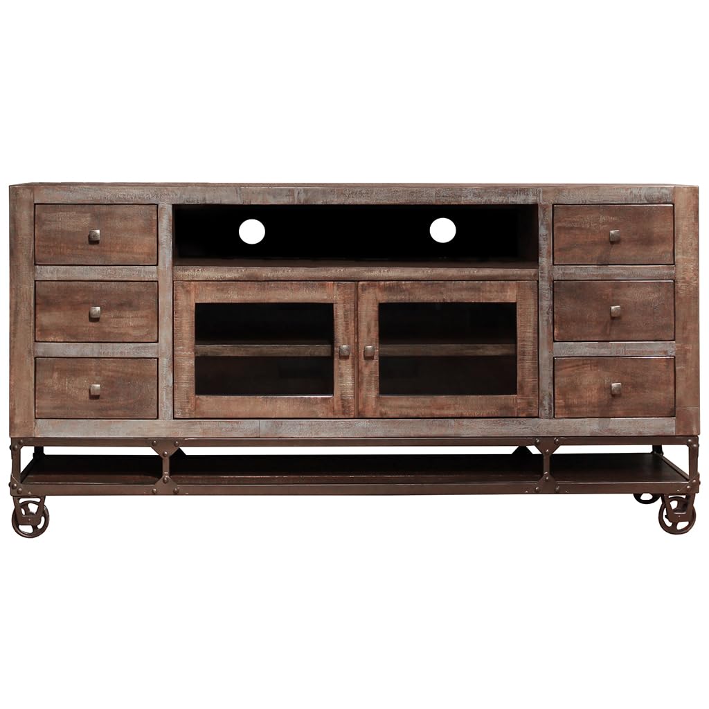 HomeRoots 76" Brown Solid Wood Cabinet Enclosed Storage Distressed TV Stand