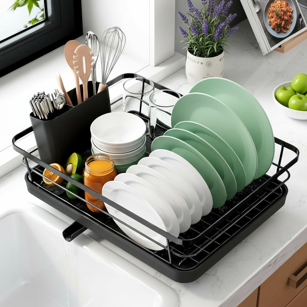 Dish Drying Rack Space-Saving for Kitchen Drying Racks Counter Durable Stainless Steel Rack with a Cutlery Holder for Utensils Basket Drainer for Knives Spoons (Dish Drying Rack)