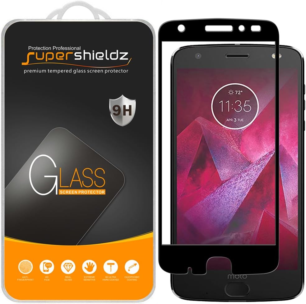 Supershieldz (2 Pack) Designed for Motorola (Moto Z2 Force) Edition and Moto Z Force Edition (2nd Gen) Tempered Glass Screen Protector, (Full Screen Coverage) Anti Scratch, Bubble Free (Black) - Amazon product rated Grade A
