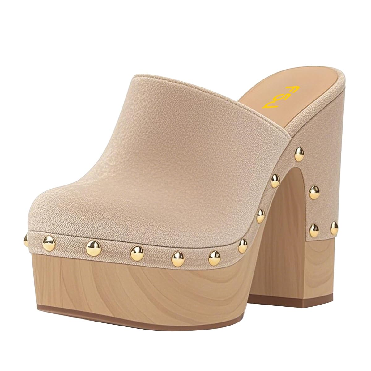 FSJ Women Closed Round Toe Mules High Chunky Heeled Sandals Slip On Platform Wooden Clogs Studs Comfy Outfit Shoes Size 4-16 US