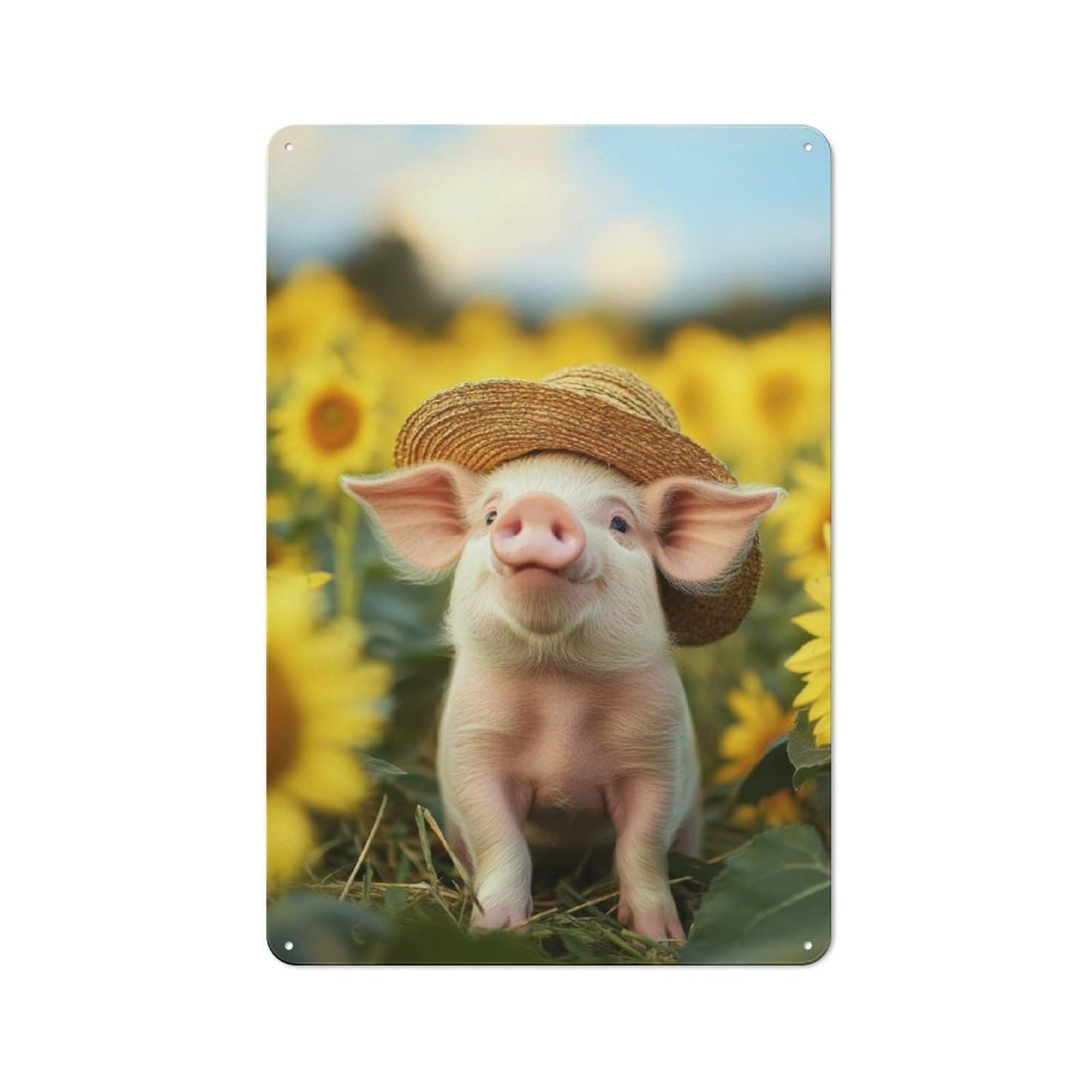 Junmoney Piglet In Sunflower Field Classic Metal Wall Decor 30X20cm, Decorative Metal Sign For Workspace, Cafe, Shop Or Desk Area