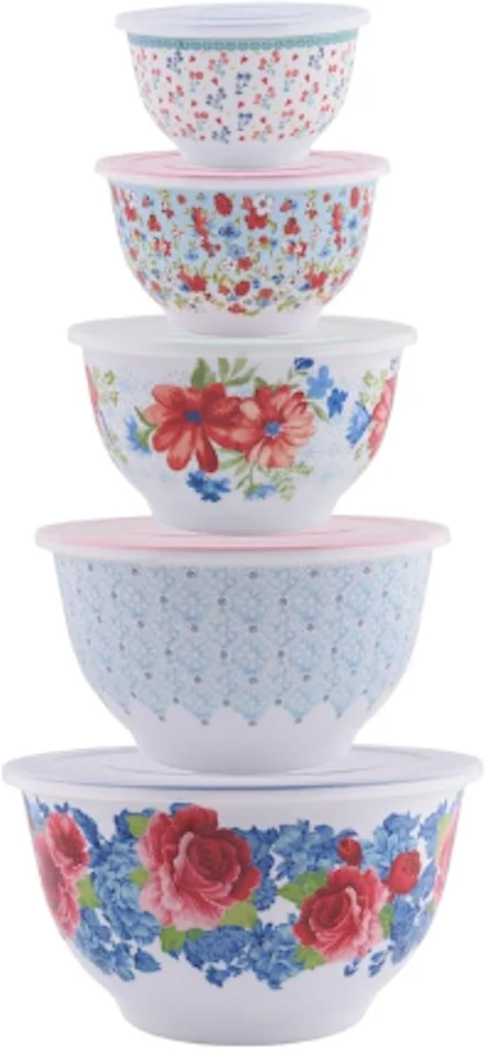 Floral Melamine Mixing Bowl Set, 10 Piece Set With Lids (Heritage Floral)