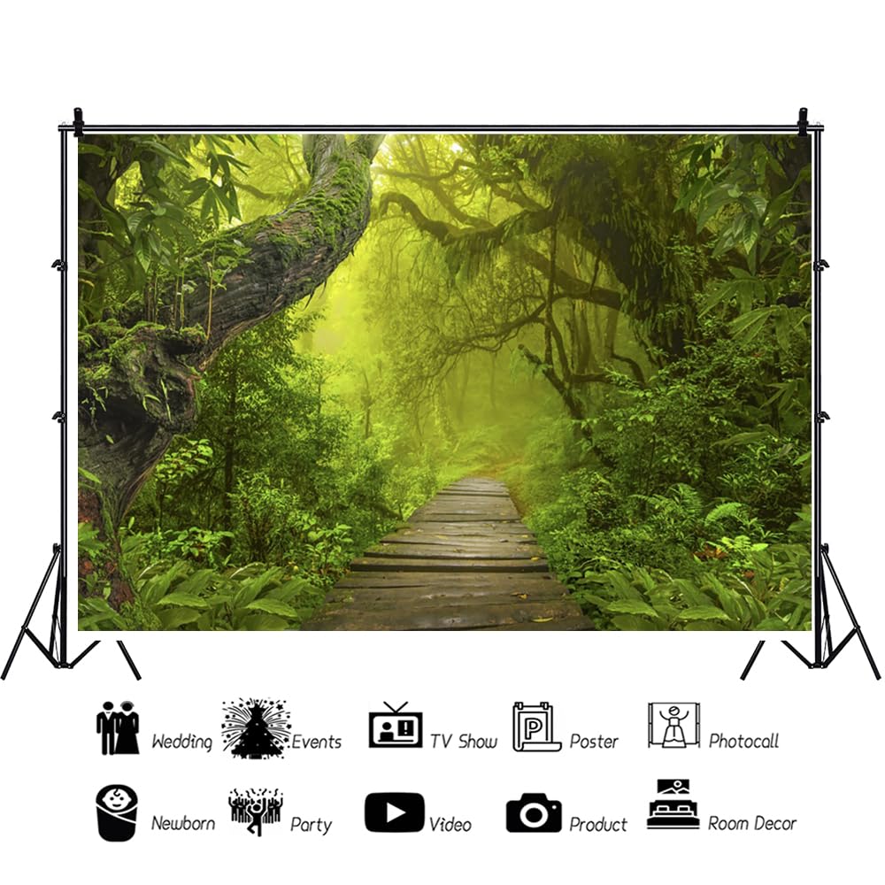 YongFoto 3x2m Vinilo Fondo de fotografía Ver Bosque Verde Selvas Grandes árboles Viejos Camino de Madera Estrecho Telón de Fondo de Fotografía Estudio de Foto Studio Props