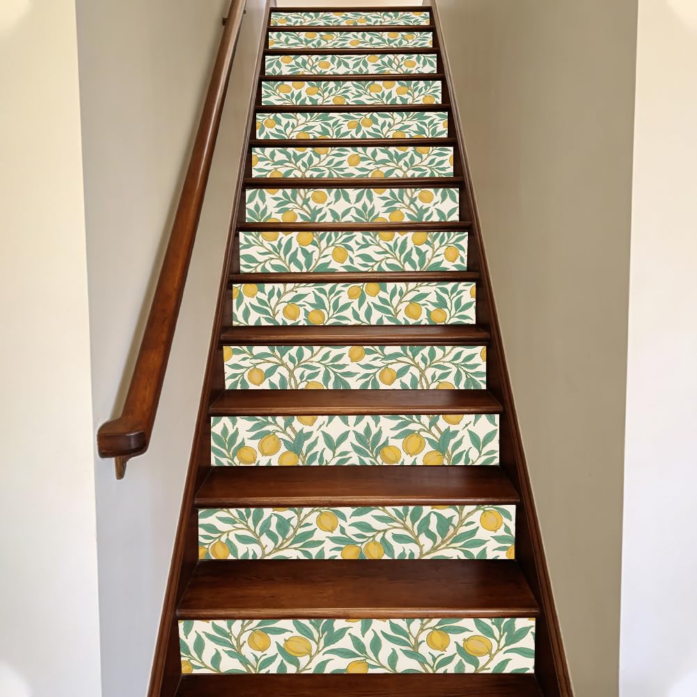 TNKBREEZE 15 Strips Arts and Crafts Style Stair Stickers Lemon Peel and Stick Vinyl Stair Riser Decals 39.37" L x 7.09" H Waterproof Staircase Tile Stickers for Home Steps Floor Murals Decoration