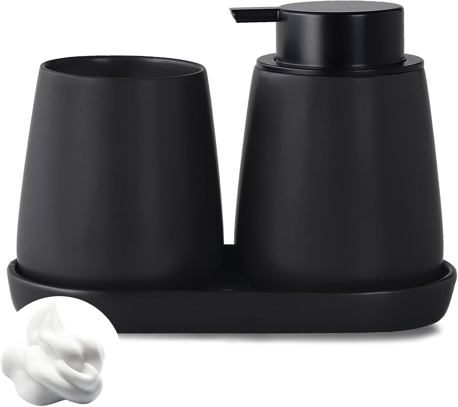 Matte Black Bathroom Accessory Set – 3pcs Ceramic Soap Dispenser Set Vanity Countertop Accessories Set, includes Refillable Foaming Hand Soap Dispenser, Toothbrush Holder and Tray (Foam Pump) Matte Black Bathroom Accessory Set – 3pcs Ceramic Soap Dispenser Set Vanity Countertop Accessories Set, includes Refillable Foaming Hand Soap Dispenser, Toothbrush Holder and Tray (Foam Pump)