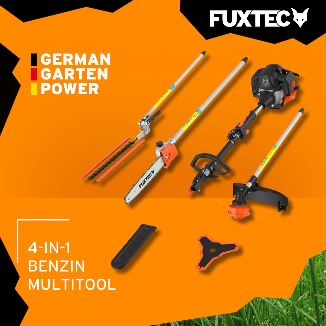 FUXTEC Benzin Motorsense FX-MT152 4in1 Multitool 52 cc - Profi-Tragegurt & 3 PS Leistung - Kombigerät Heckenschere Hochentaster Kombisystem Freischneider - 2-Takt Test Oberklasse 1,4