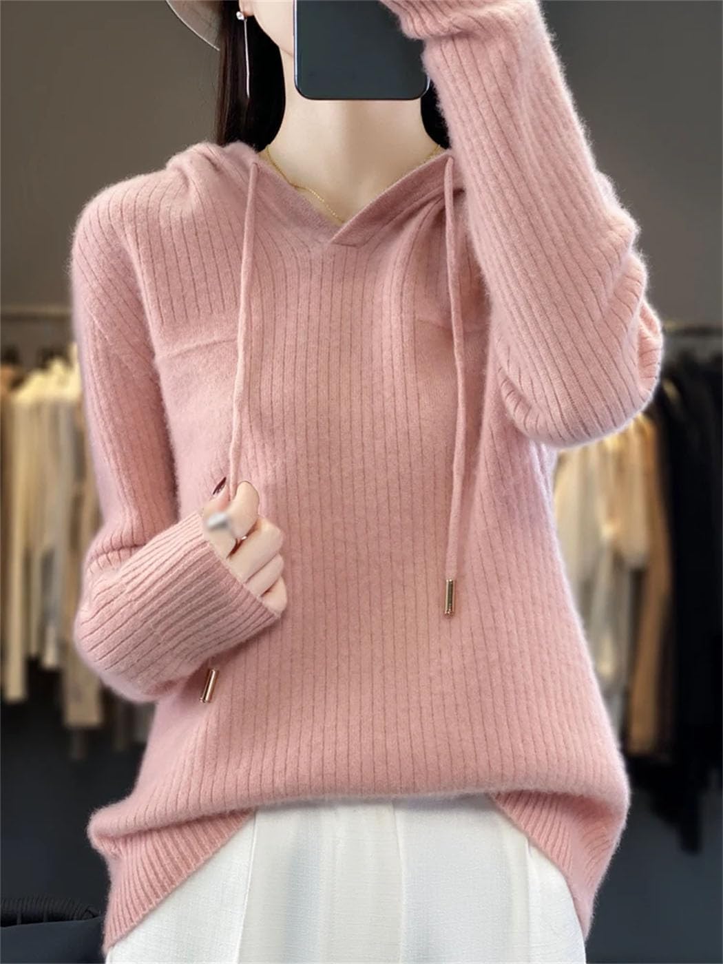 Women's Sweater Casual Hoodie 100% Merino Wool Solid Long Sleeve Drawstring Knitted Pullover Fall Winter Tops