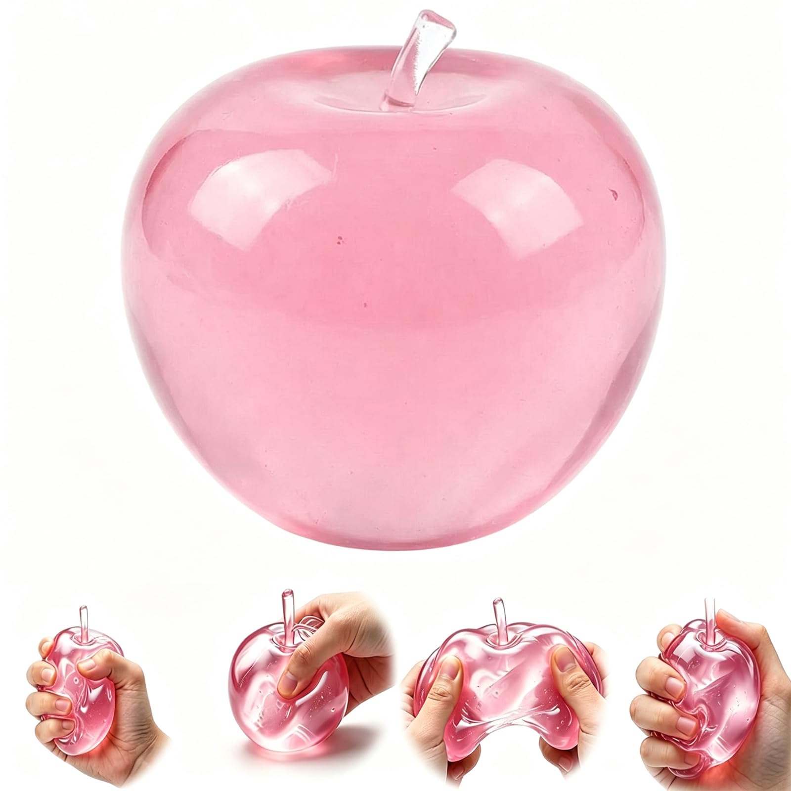 Clear Apple Squishy, Stress Relief Toy, Slow Rebound Clear Fruit Squeeze Fidget Toy for Adults & Kids, Pressure Relief Soft Stress Ball Pinch Sensory Toy, Calming Tool for Home Office (Pink-A)