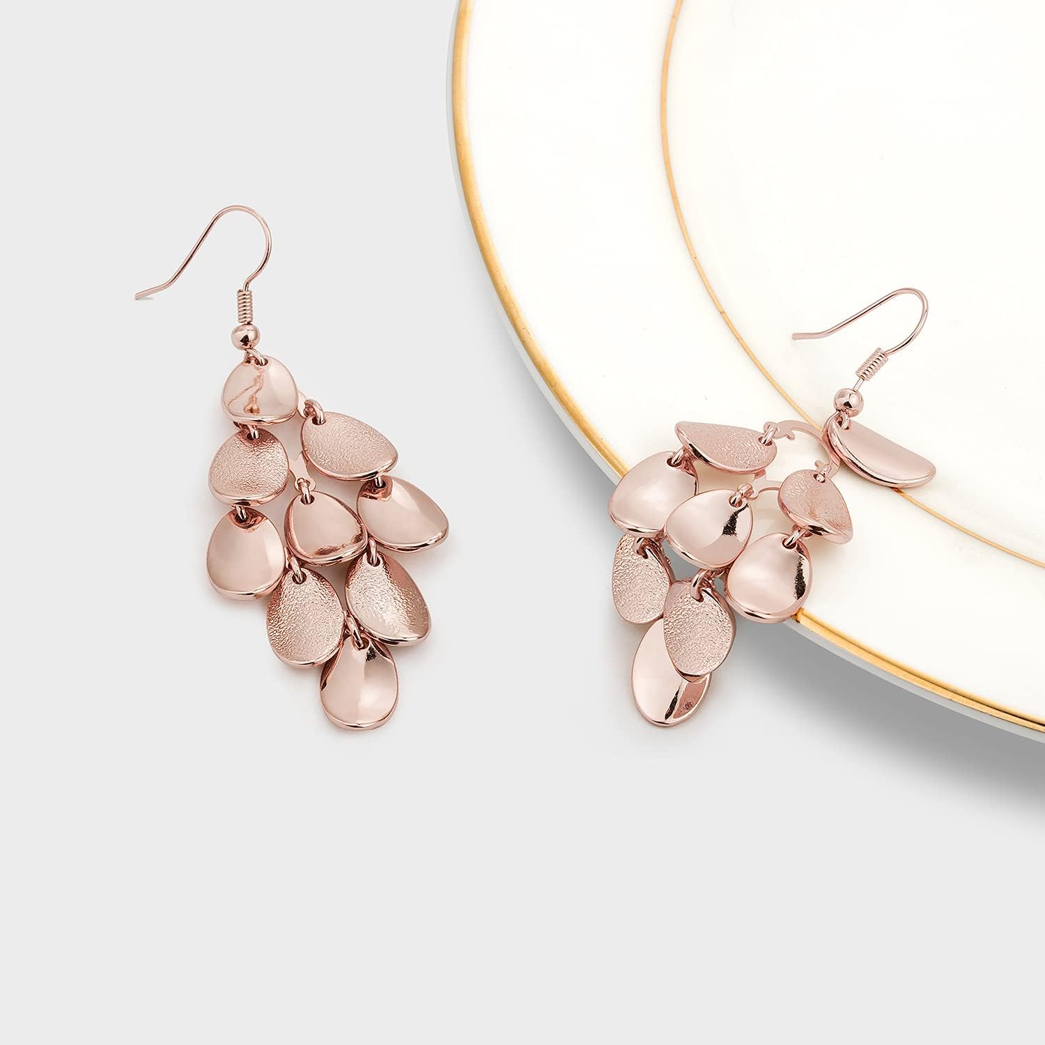 Kemstone Rose Gold & Silver Layered Dangle Earrings for Women – Lightweight Chandelier Teardrop Earrings – Hypoallergenic Fashion Jewelry Gift