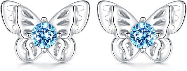 925 Sterling Silver Butterfly Stud Earrings with Birthstone Crystals, Butterfly Jewellery Birthday Gifts for Women Girls Kids Daughter