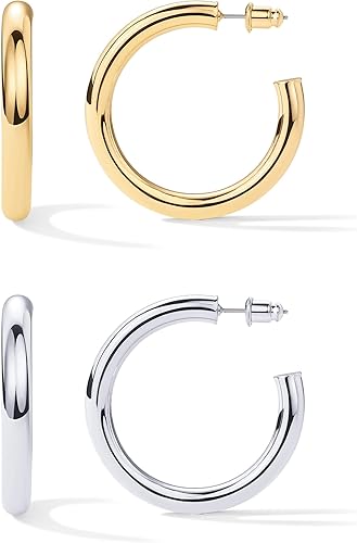 PAVOI 14K Gold Plated Lightweight Chunky Open Hoops for Women Trendy Gold Hoop Earrings