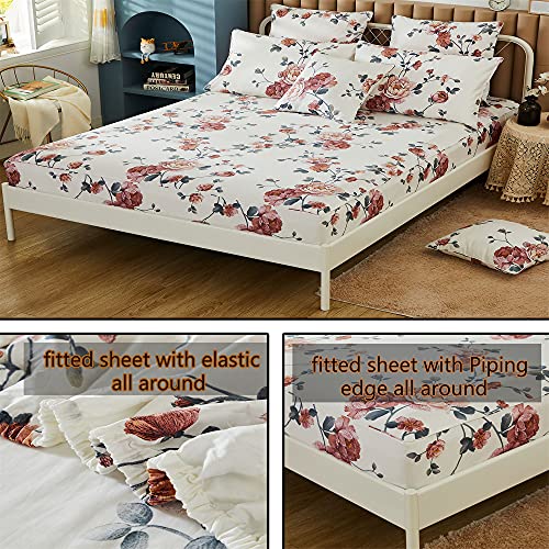 Image of FADFAY Sheets Set Queen Shabby Beige Floral Bedding Elegant Peony Sheets Set Vintage Flower Bedding Collections Soft 100% Egyptian Cotton 800 Thread Count Deep Pocket Fitted Sheet, 4Pcs-Queen Size