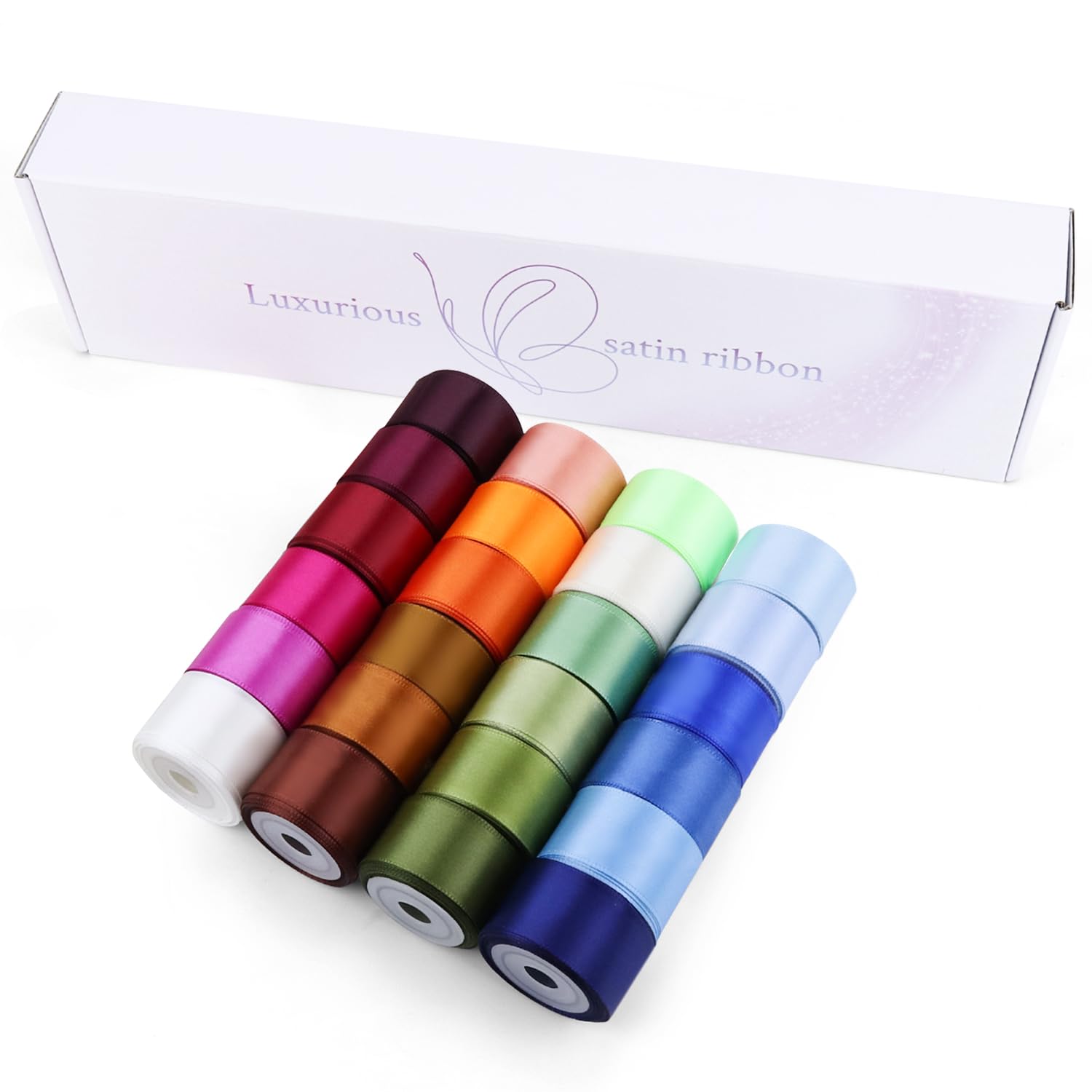 24-Roll Satin Ribbon 1" x5yd, 120Yd, Assorted Colours for Crafts & Gift