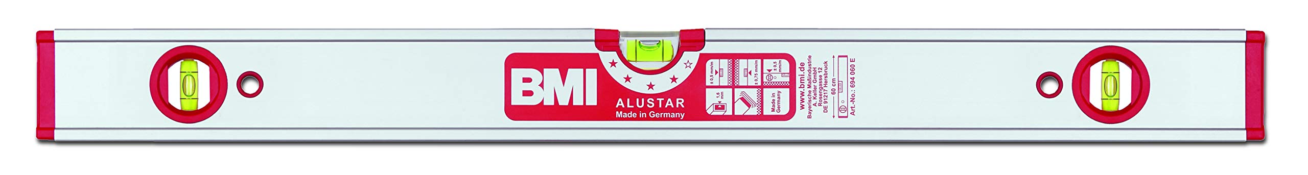 Livella A Bolla BMI ALUSTAR 180 Cm Con Magnete – Profilo In Alluminio, Precisione 0,5 Mm/m, Lente D'ingrandimento, Tappi In Gomma