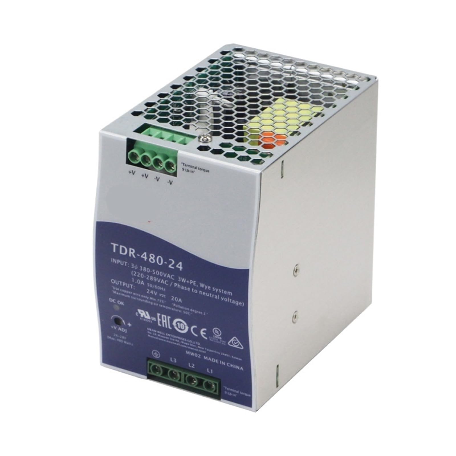 CLEUFWKO 240W 480W 24V 48V Rail Power Supply AC to DC Three Phase Switching Power Supply TDR-480-24(24V,480w)