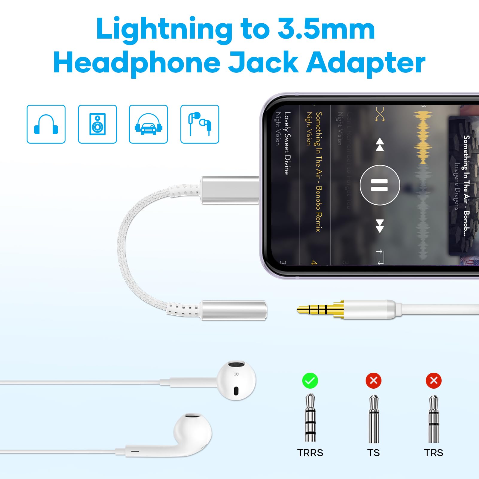 Esiposs Adattatore i Phone Jack 3,5 mm [Certificato MFi] Adattatore Jack Lightning Cavo Dongle HiFi Adattatore Cuffie i Phone Compatibile con i Phone 14/13/12/11/X/8/7/Pad/i-OS, Bianco Argento