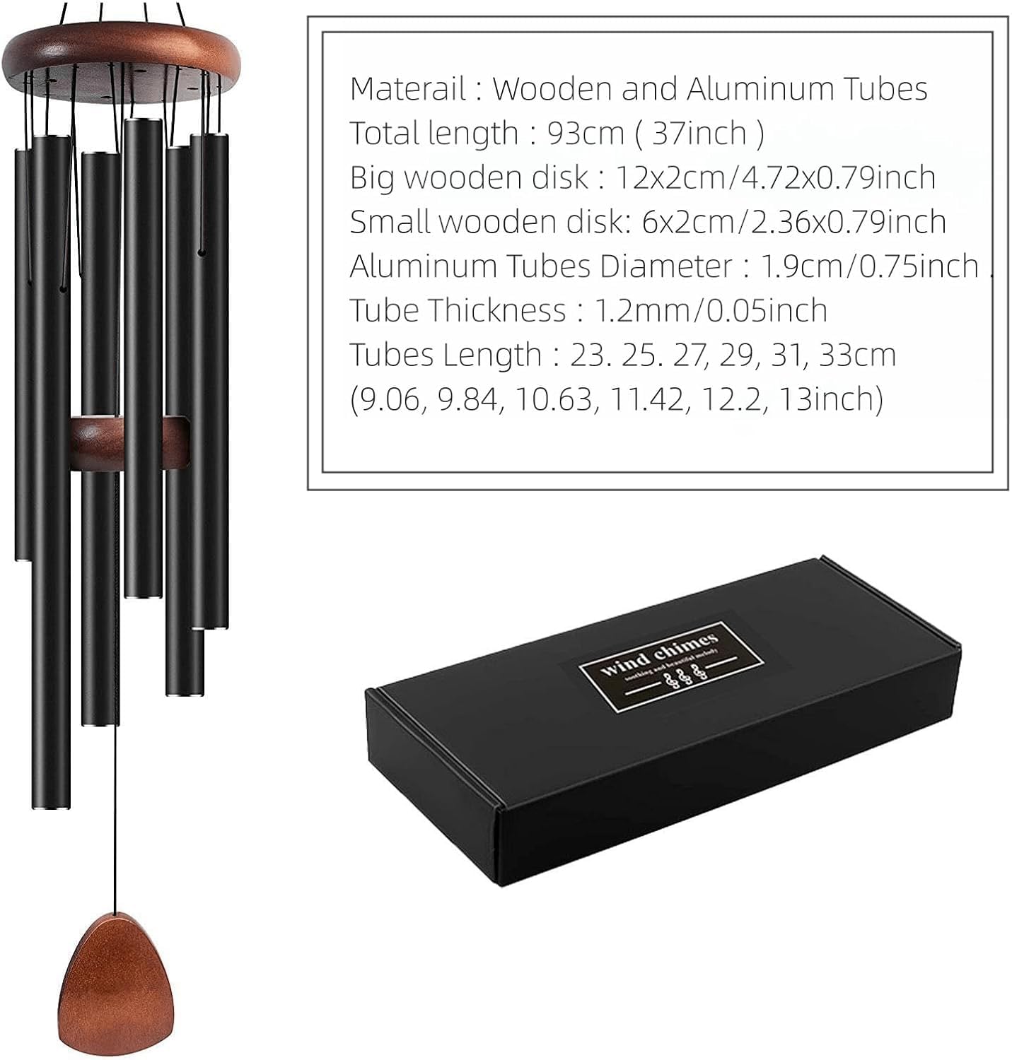 2 campanelli a vento grandi per esterni, 94 cm, toni melodici lenitivi per casa, giardino, veranda, decorazione patio, ispirazione e memoriale, 6 tubi in alluminio, nero