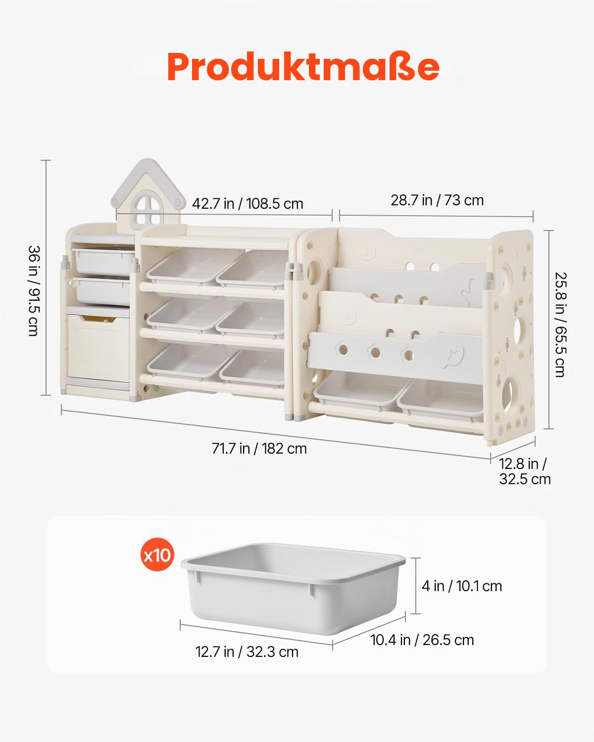 VEVOR Spielzeugaufbewahrung Bücherregal Spielzeugregal HDPE, 4-stöckige multifunktionale Ablage mit 10 flexiblen Kunststoffbehältern, für Schlafzimmer Klassenzimmer Kinderzimmer (Grau + Beige)