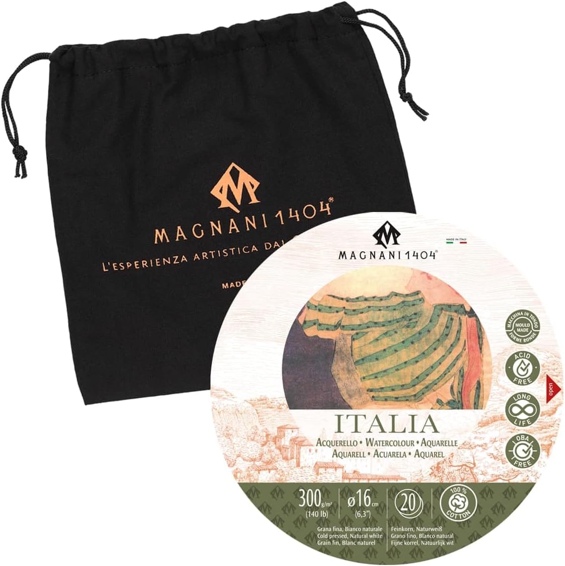 Magnani 1404 Italia Cold Press 100% Cotton Watercolor Paper Block, 20 Sheets, 140 lb, 12.6" Round Watercolor Paper, Acid-Free, UV Resistant, Vegan Sized, Made in Italy