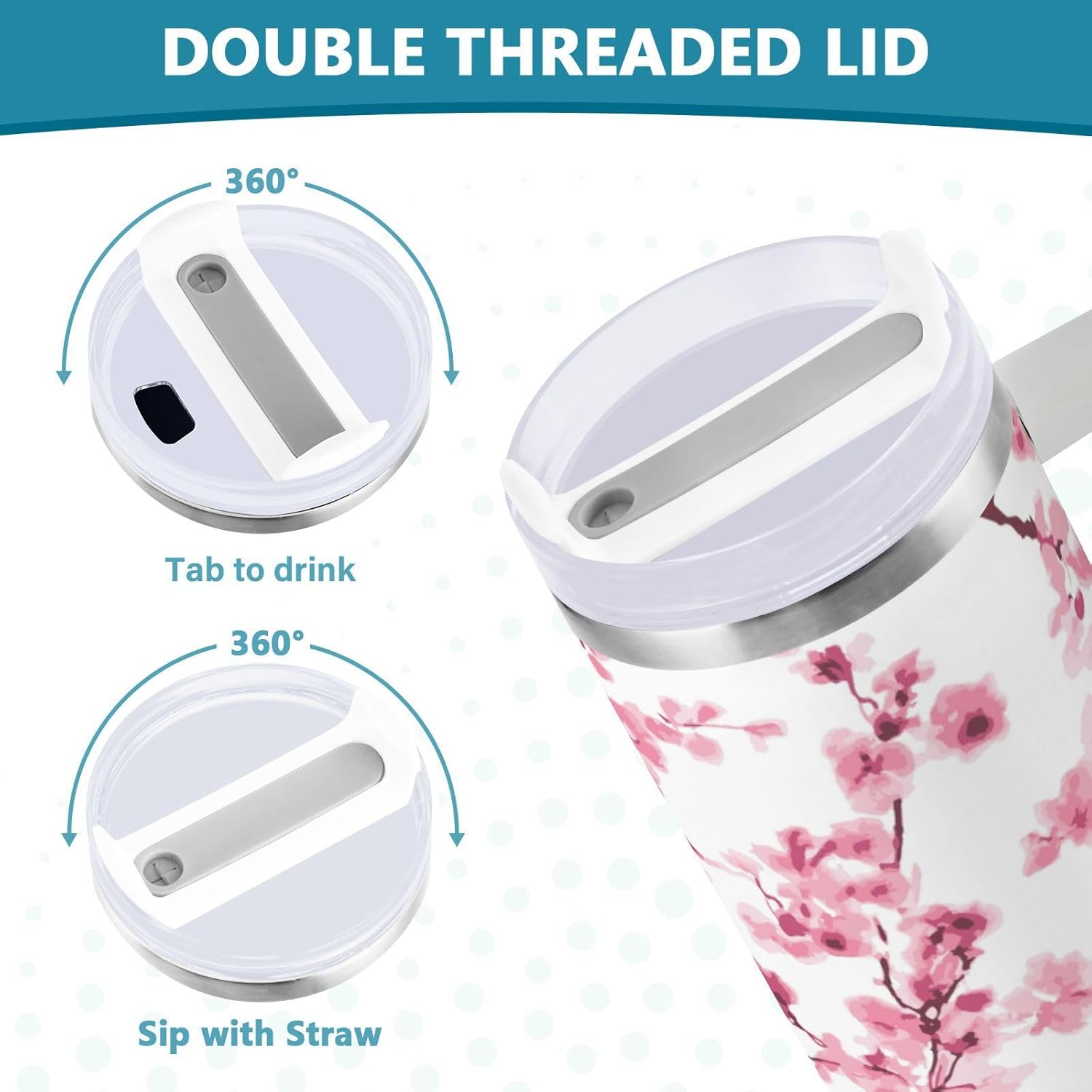 Boccsty Beautiful Cherry Blossom Insulated Tumblers Flower Pink Reusable Stainless Steel Tumbler 40 oz Cup Coffee Travel Mug Water Bottle with Handle & Flip Straw for Home Office Car - Image 5