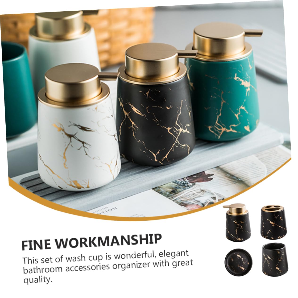 Juego de Accesorios de Baño de Cerámica Negro, 1 Set Dos Vasos | Portacepillos y Jabonera Incluidos, Botella para Loción, Acabado Liso y Portátil, Estilo Clásico Elegante