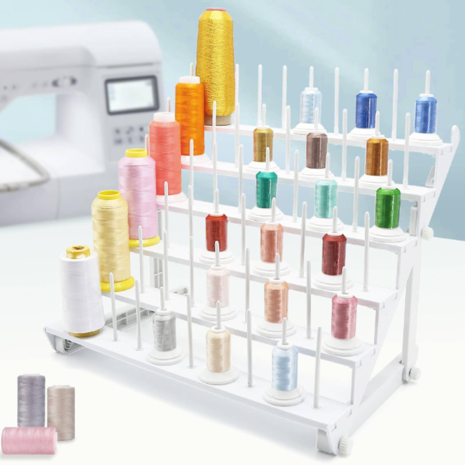 Porte-fils de Broderie Organisateur Support Présentoir Rack à Plusieurs Niveaux pour 60 Bobines et Cônes Tiges Longues Modulables Pose sur Table et