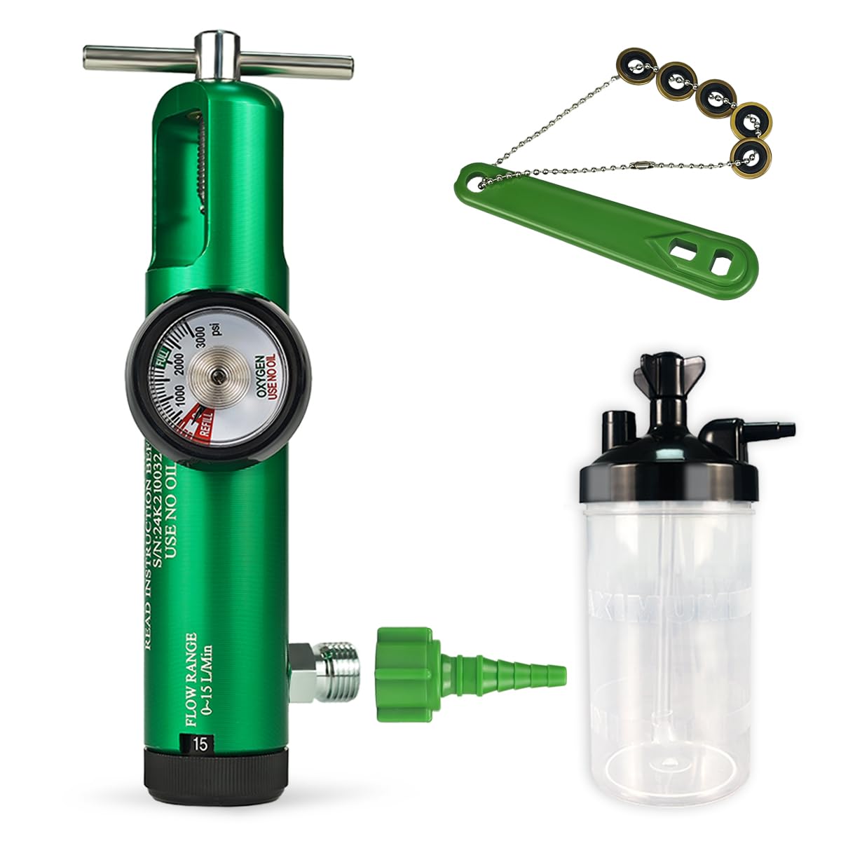 Extended Oxygen Regulator Set for Oxygen Tank CGA870, 0-15 LPM, DISS Outlet and Brass Sleeve, Includes 1 Humidifier Bottle1 Wrench, 5 Brass Yoke Washer Seals and 1 Oxygen Tubing Swivel Nipple