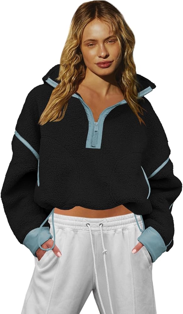 LAMISSCHE Fleece Jacket Women Oversized Half Zip Sweatshirt Warm