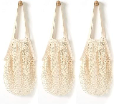 3 Pack Grocery Mesh Bags Portable/Reusable/Washable Organic Cotton String Shopping Bags Produce Net Tote Bags with Short Handle Shopping Handbag for Fruit Vegetable Storage White
