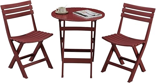 BOOSDEN Juego de patio plegable, mesa y sillas de bistró, juegos de 3 piezas de patio, 2 sillas plegables de plástico y mesa redonda para balcón al