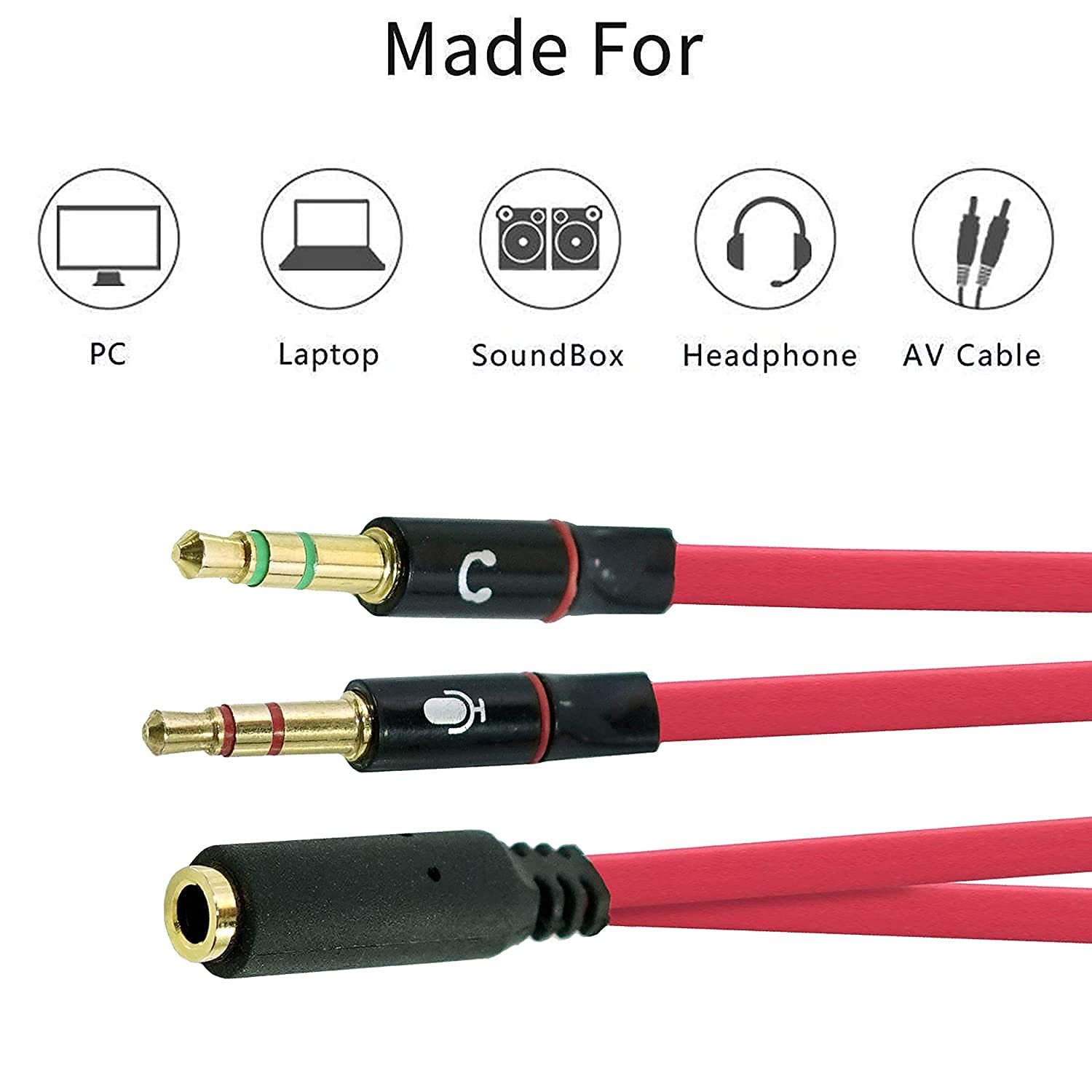 SaiTech IT Y-Splitterkabel für Kopfhörer, 2 Stecker auf 1 Buchse, 3,5 mm, für Kopfhörer, Mikrofon, Audio, Y-Splitterkabel für PC, Laptop, 20 cm, Rot, 2 Stück