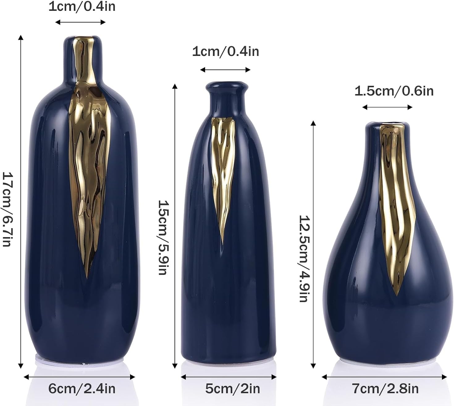 Ceramic Decorative Vases Set of 3, Blue and Gold Vases for Home Decor, centerpieces on Modern Farmhouse Living Room Table Shelves, Office Bookshelf Decorations