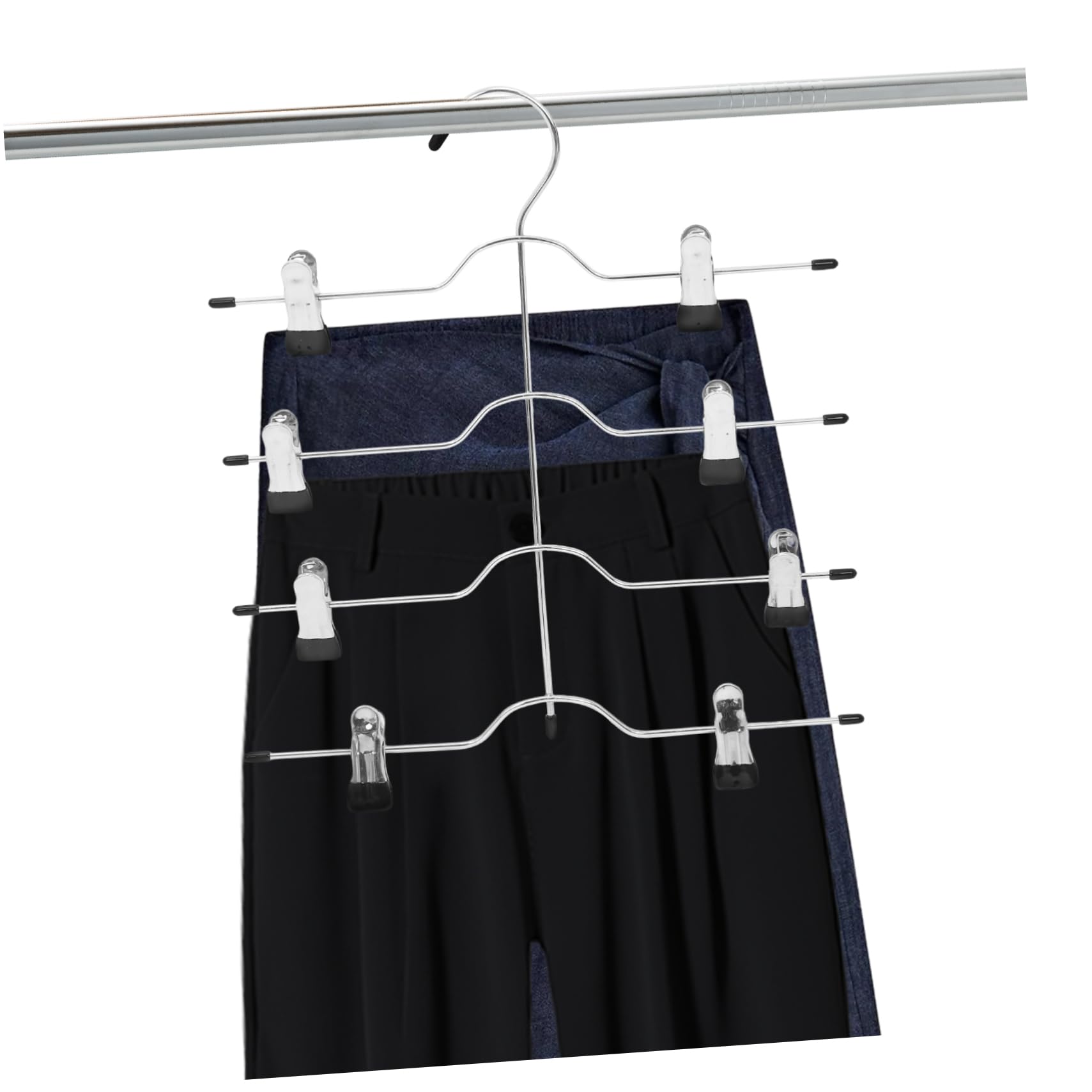 Perchas para Pantalones de 4 Niveles con Pinzas, 4 Piezas Negras | Acero de Alto Manganeso, Diseño Antideslizante y Robusto, Ahorra Espacio, Mantiene el Armario Ordenado
