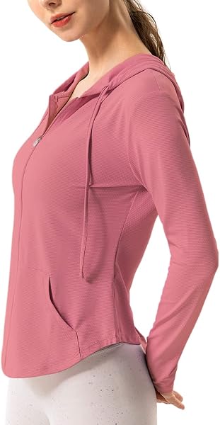 Hanyomo Mujeres Manga larga UPF 50 + protector solar Chaquetas deportivas Capucha Camiseta de fitness Bolsillo Yoga Cremallera completa Jacket - 2