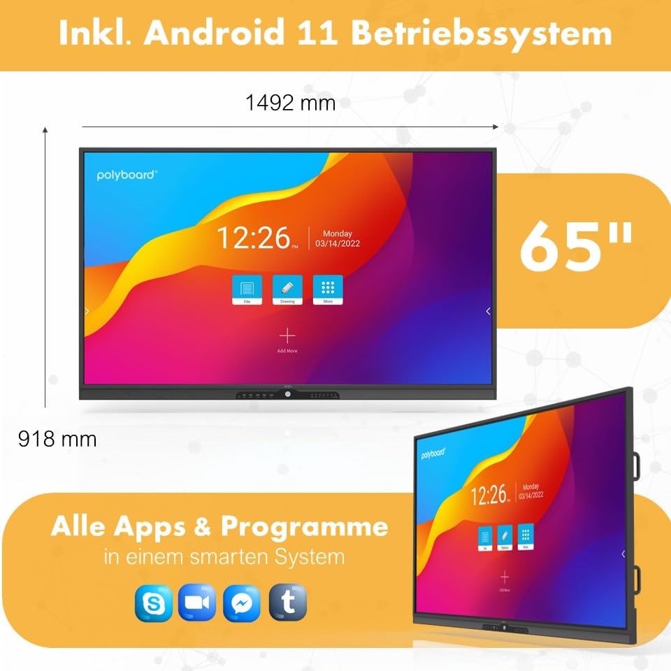 polyboard - Interaktives Whiteboard 65 Zoll (3840x2160 UHD) 2.4G WiFi - Digitales Smart-Board Klassenzimmer, Homeschooling, Präsentation & Meeting - All-in-One Flipchart Monitor mit Touch-Screen