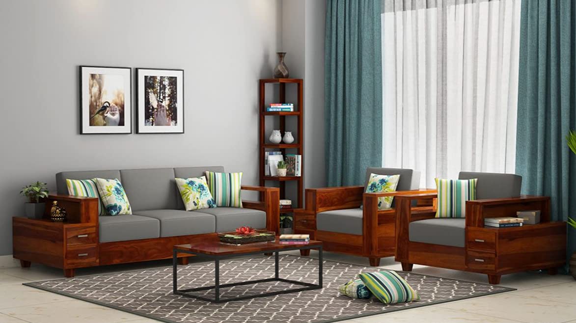 Solid Sheesham Wood 3+1+1 Seater Sofa with Side Drawer Storage | Multipurpose Wooden 5 Seater Sofa Set Furniture for Living Room, Guest Room, Hotels, Office and Home (Natural Teak Finish)-image-9