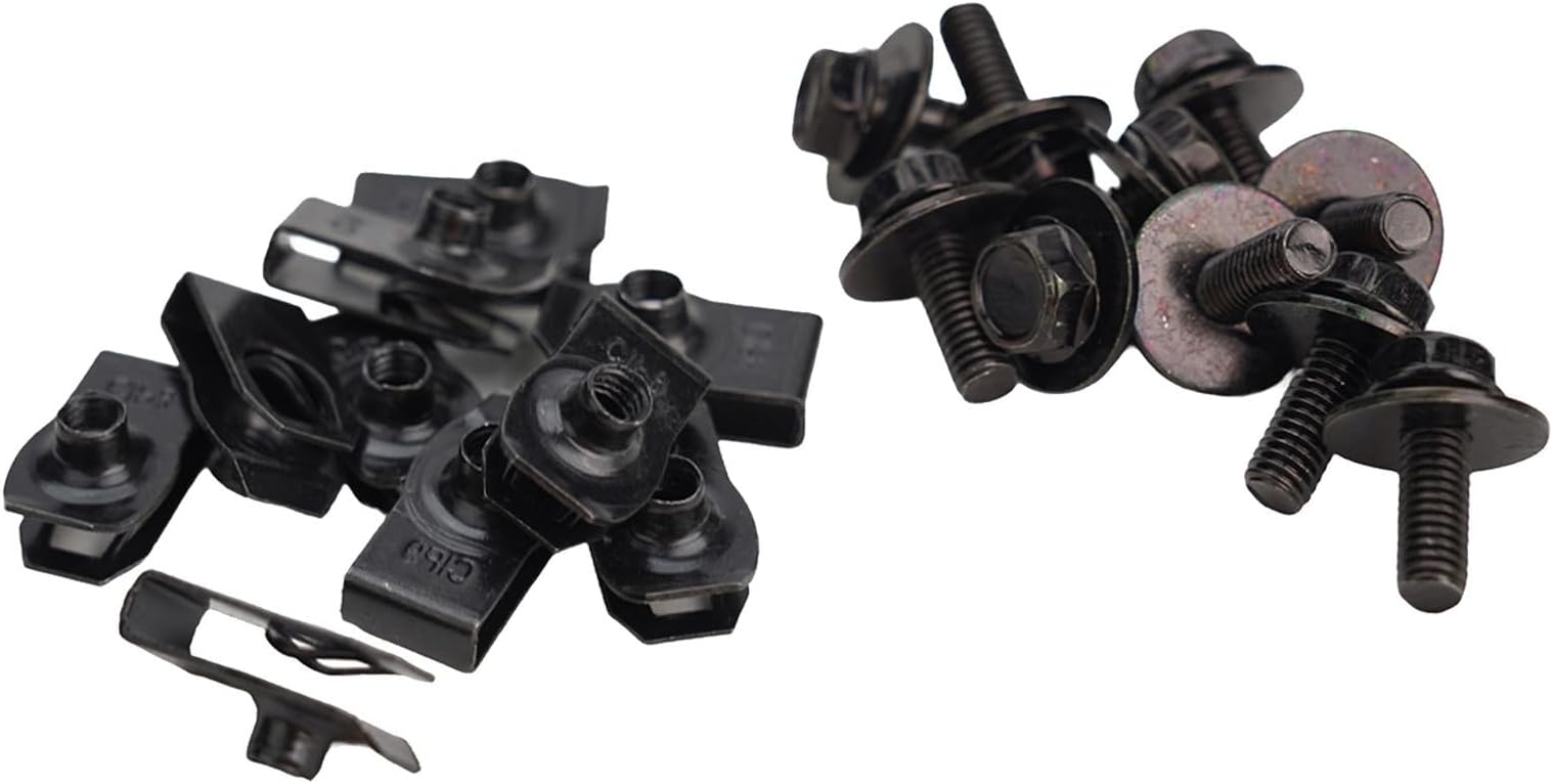 Engine Under Cover Splash Shield Fasteners Kit – 10-Piece Push Clips & 10-Piece U-Nuts (25.5 × 6.4 mm), Nylon and Metal, Black, Compatible with Most Cars