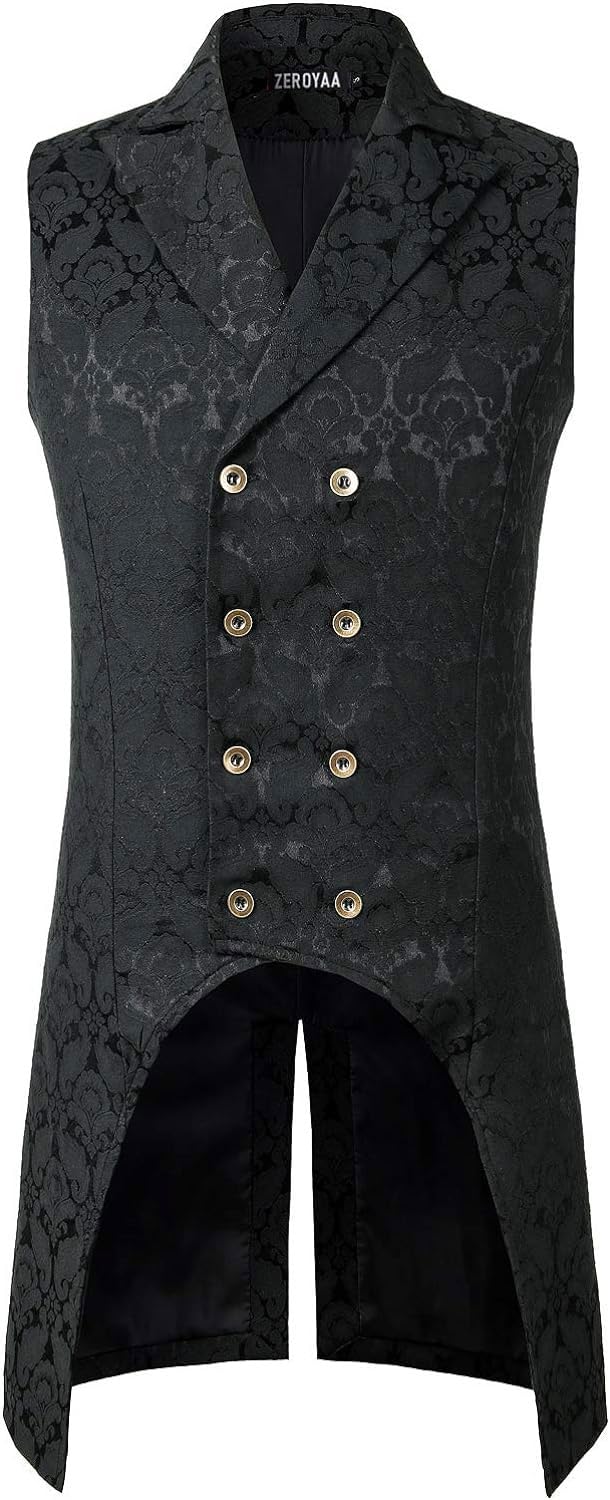 Mens Victorian Steampunk Gothic Double-Breasted Waistcoat Brocade Jacquard Tailcoat Vest UK-PZLSV11 Black Medium