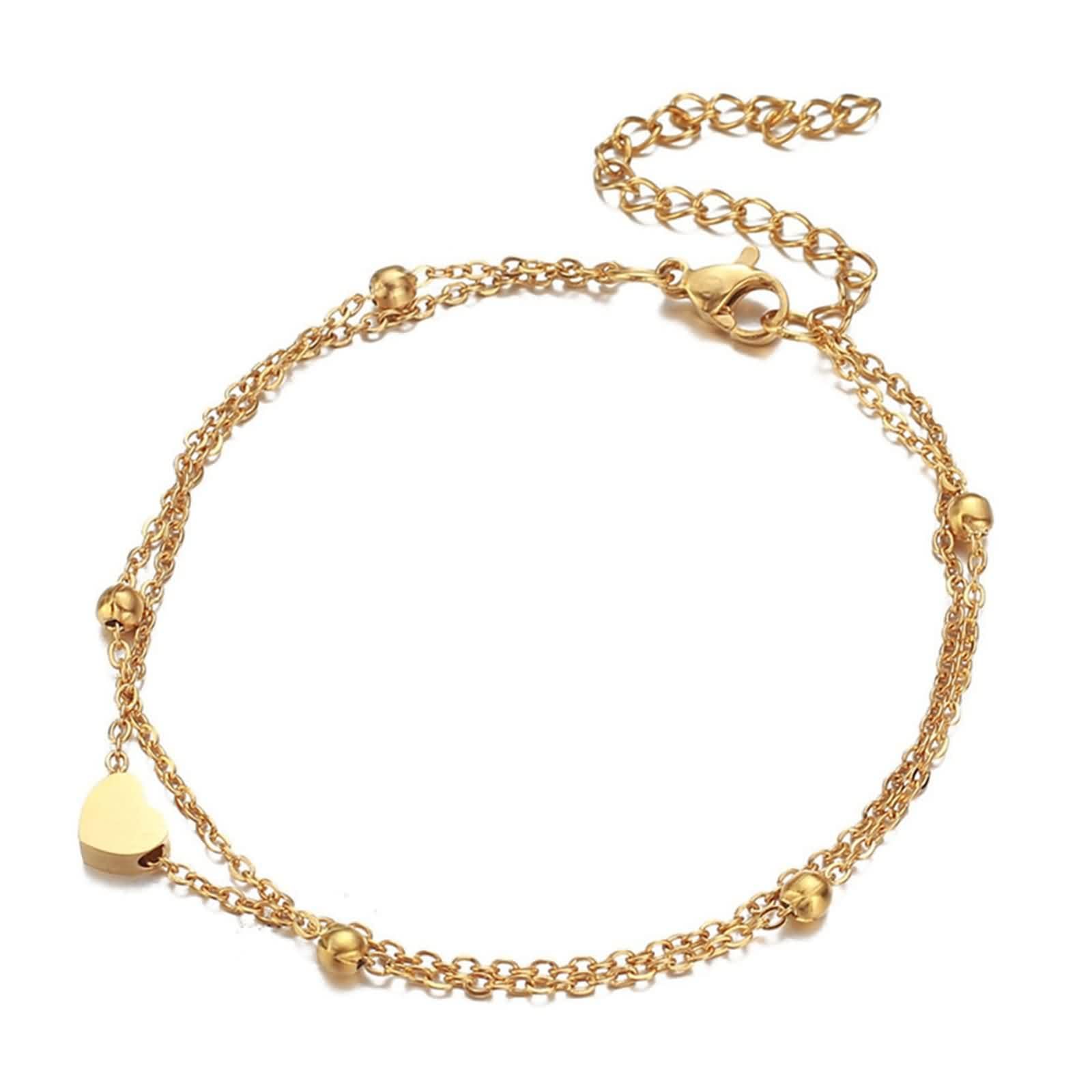 Tobillera para mujer, resistente al agua, oro blanco de 14 K, Au585, oro 585, cadena doble con corazón, tobilleras bohemias para mujer, verano, vacaciones, para mujeres, niñas, madre para mujer