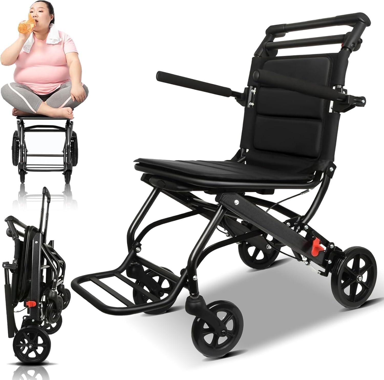 Silla Ruedas Transporte Ultraligera,Sillas Ruedas Transporte Plegables para Adultos Las Más Ligeras Solo 15 Libras con Mango Telescópico,Silla Ruedas Viaje