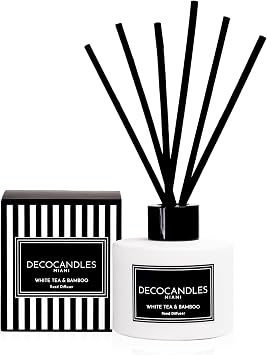 DECOCANDLES White Tea & Bamboo Reed Diffuser Set with Reed Sticks, Home Fragrance Scent Diffuser for Bedroom, Living Room, Office & Bathroom Shelf Decor 4.2 Oz