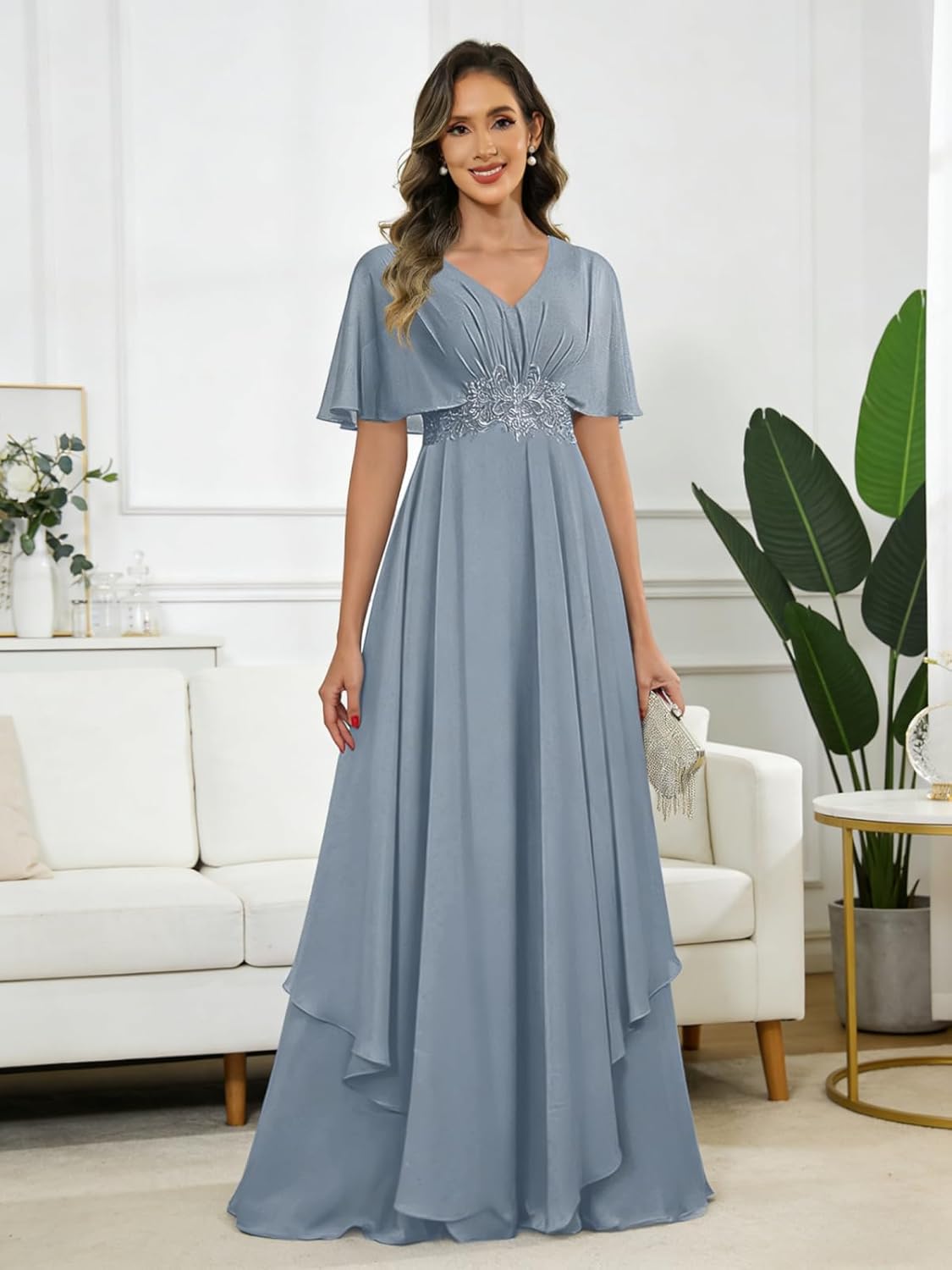 Short Sleeve Mother of The Groom Dresses for Women V Neck Lace Applique Mother of Bride Dress - Image 3