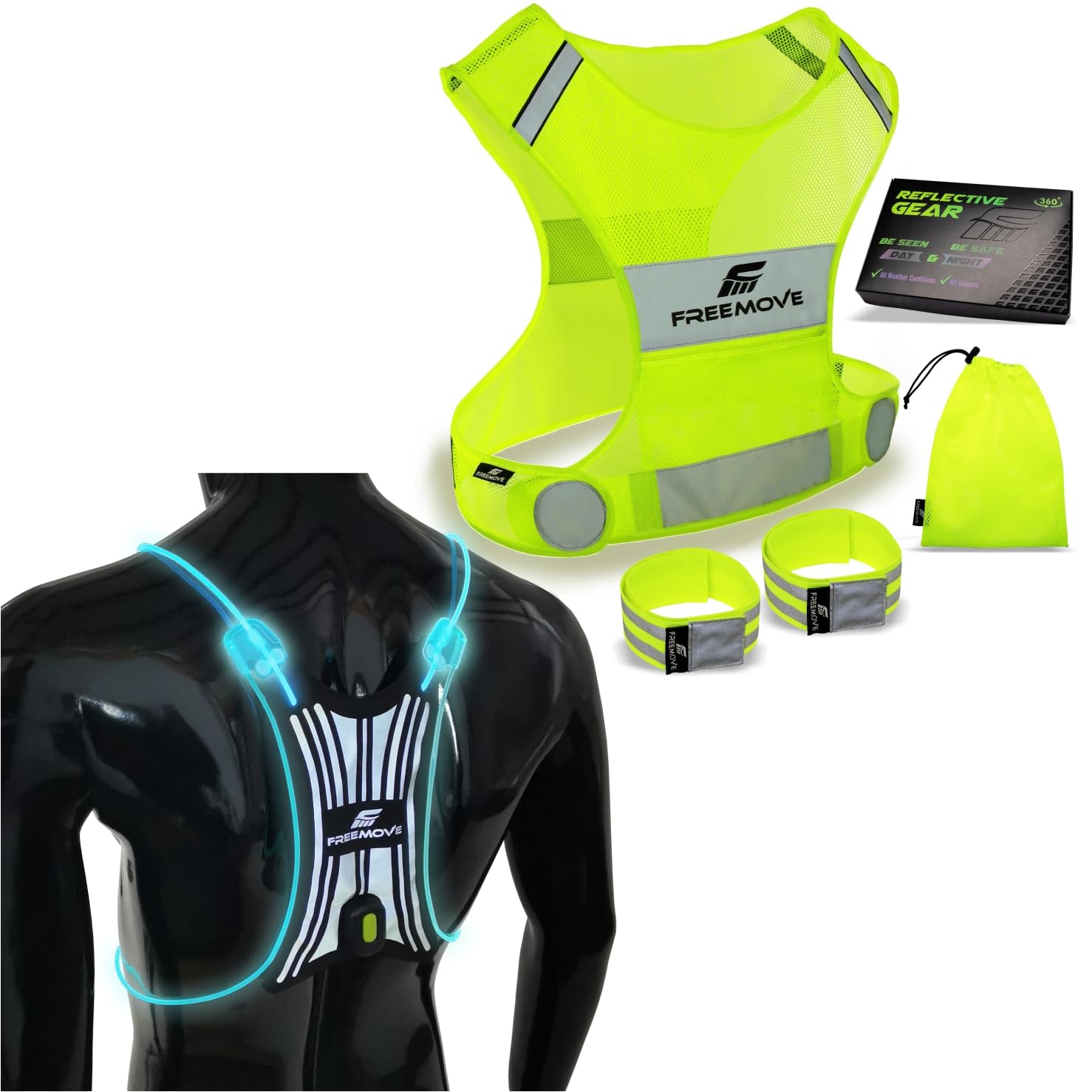 FREEMOVE Reflective Vest; XL with 2x Bands & Carry Bag + Spider Illuminated Reflective Vest ENLARGED