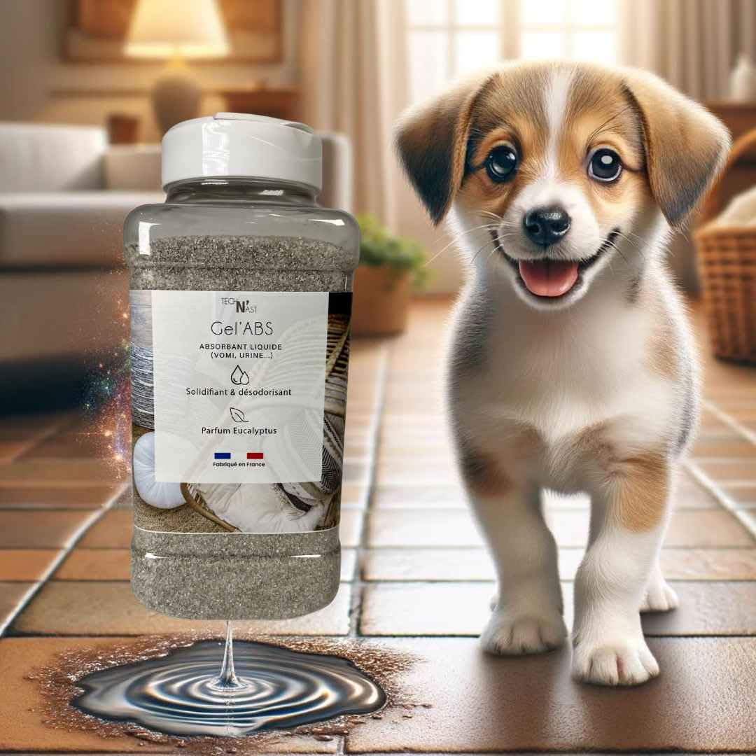 TECH N'FAST Poudre absorbante gelifiante eau vomi, urine, solidifiant et désodorisant - Parfum Eucalyptus - Idéal pour l'urine de chat et chien - Lot de 2 Bouteilles épandeuses 1L - GEL'ABS